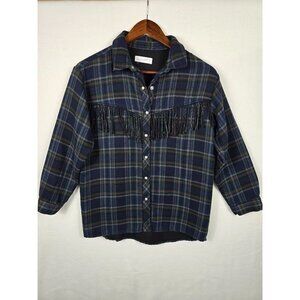 Vintage Zara Fringe Plaid Shirt Blue Green Red Button-Up Size 13-14 Made In Turk